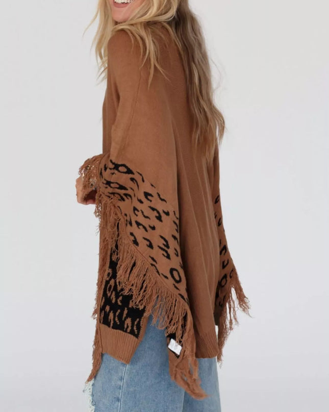 Fringe Leopard Mock Neck Batwing Sleeve Knit Top
