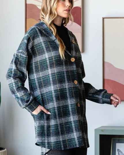 Heimish Plaid Button Down Long Sleeve Hooded Cardigan