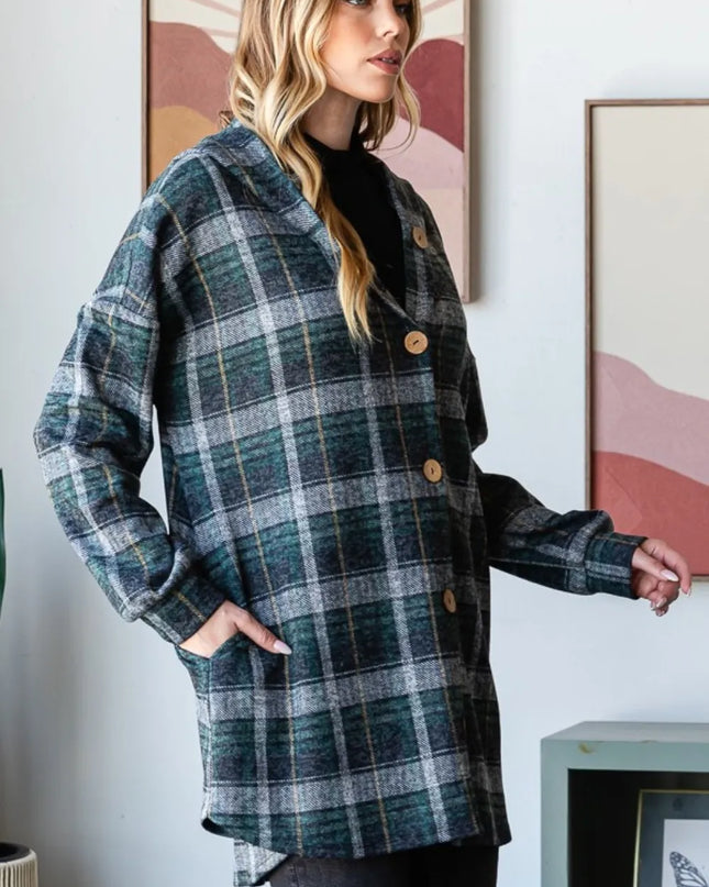 Heimish Plaid Button Down Long Sleeve Hooded Cardigan