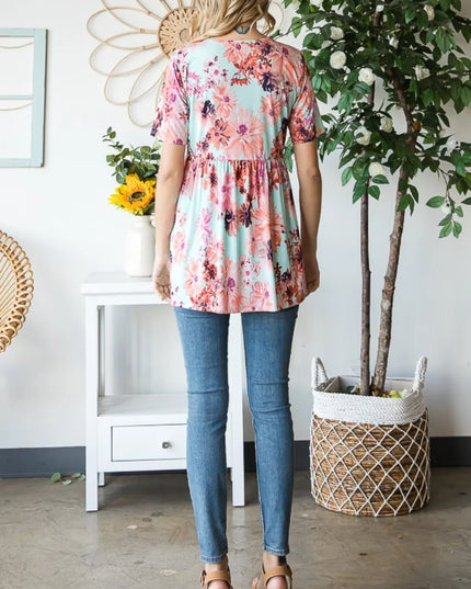 Heimish Full Size Floral V-Neck Short Sleeve Babydoll Blouse