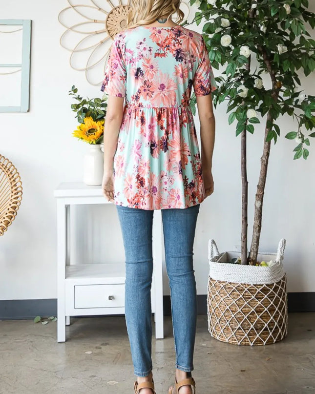 Heimish Full Size Floral V-Neck Short Sleeve Babydoll Blouse