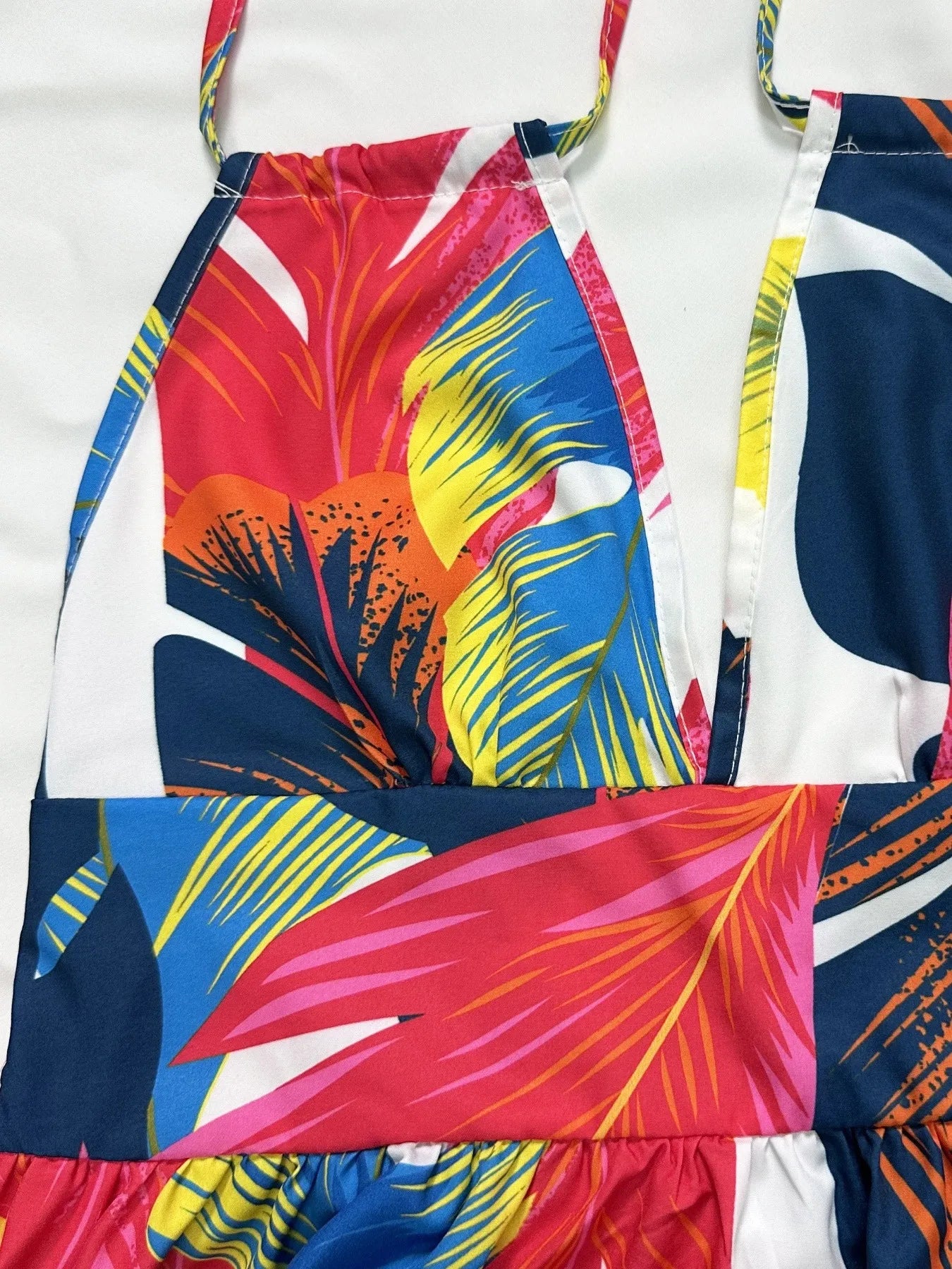 Tropical Feather Print Halter Maxi Dress