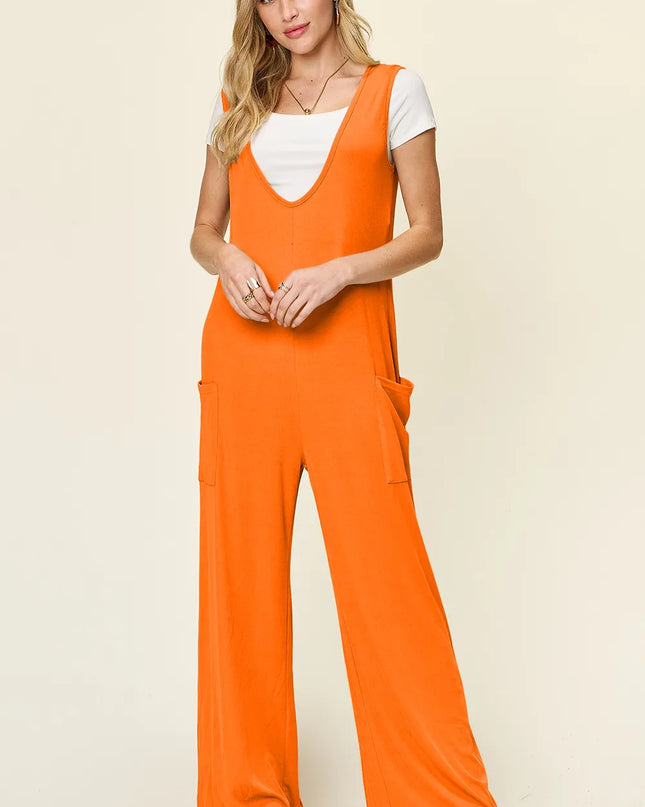 Double Take Full Size Sleeveless Wide Leg Jumpsuit with Pockets Tangerine