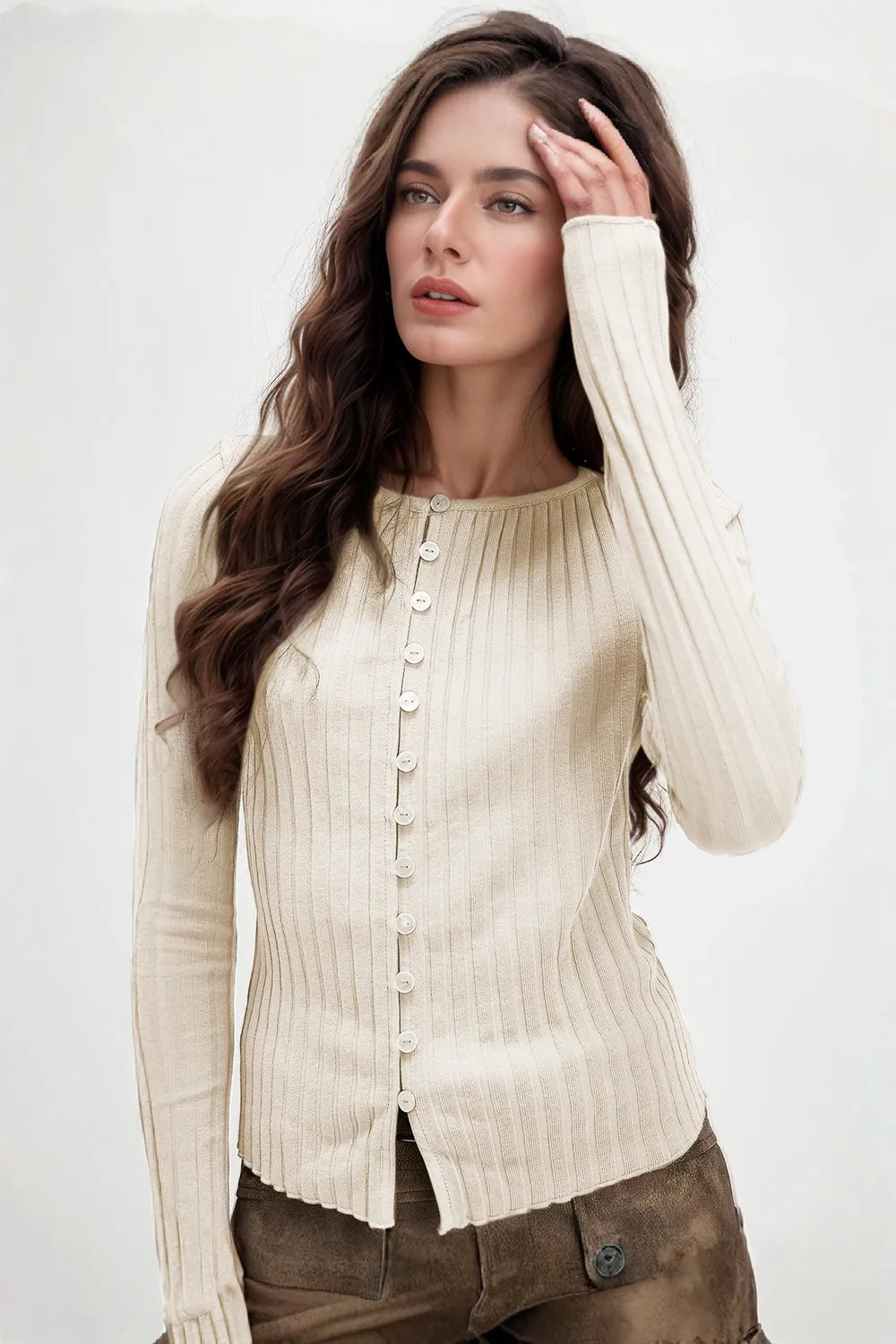 Basic Bae Texture Button Up Round Neck Long Sleeve Top Beige