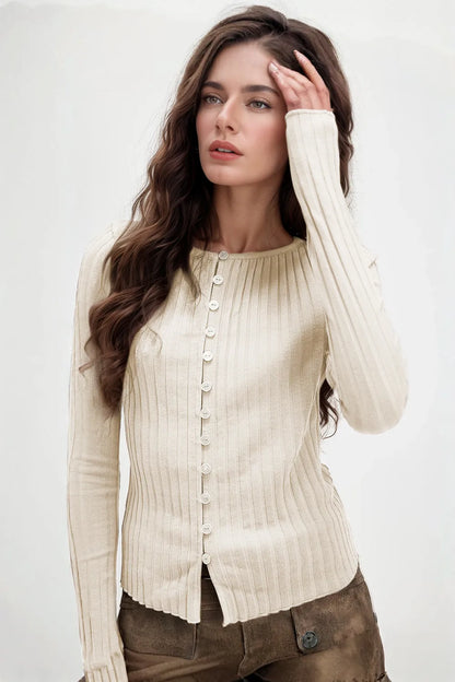 Basic Bae Texture Button Up Round Neck Long Sleeve Top Beige