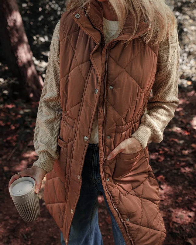 Pocketed Zipper and Button Vest Coat Brown