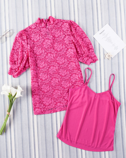 Lace Scalloped Short Puff Sleeve Top