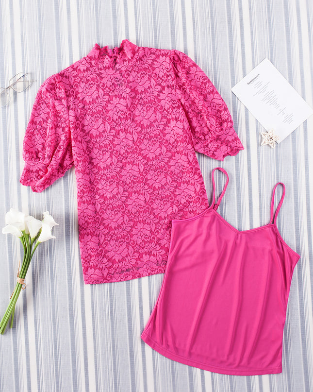 Lace Scalloped Short Puff Sleeve Top