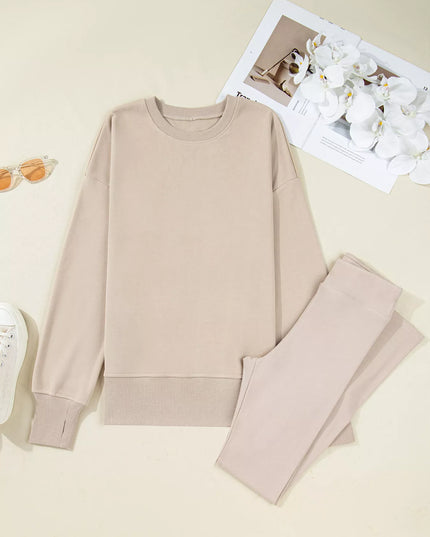 Solid Color Oversize Slit Sweatshirt and Ribbed Leggings 2pcs Set