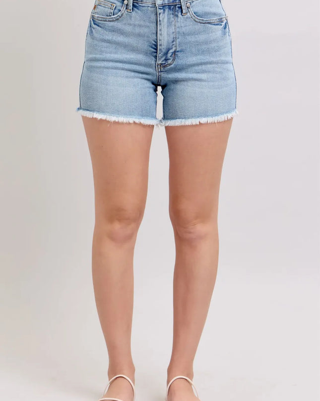 Judy Blue Full Size Tummy Control Raw Hem Denim Shorts Plus Size
