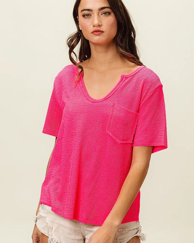 BiBi Waved Rib U Neck Top With Front Pocket