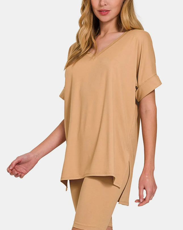 Zenana V-Neck Short Sleeve T-Shirt and Biker Shorts Set Dk Brush