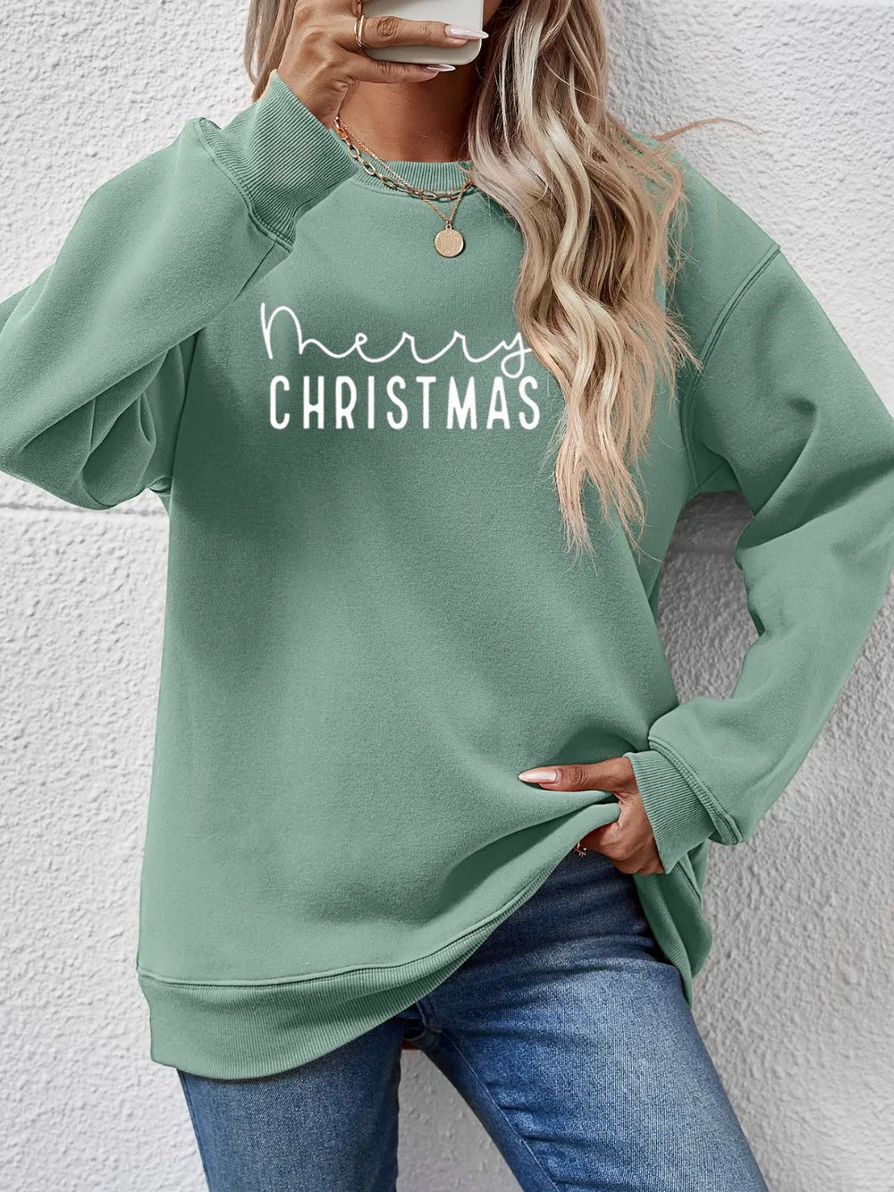 MERRY CHRISTMAS Dropped Shoulder Sweatshirt Sage
