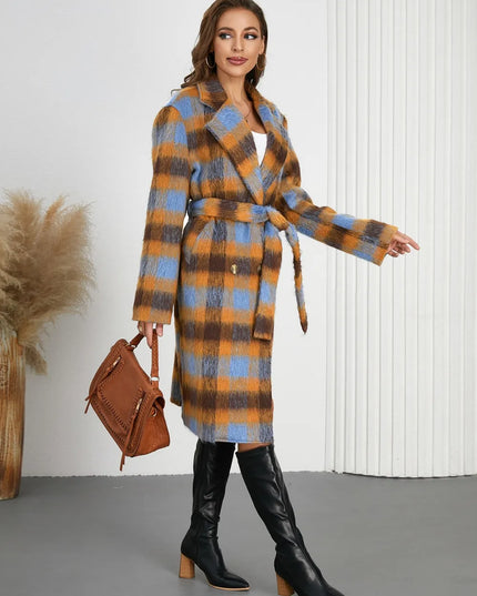 Tied Plaid Collared Neck Coat