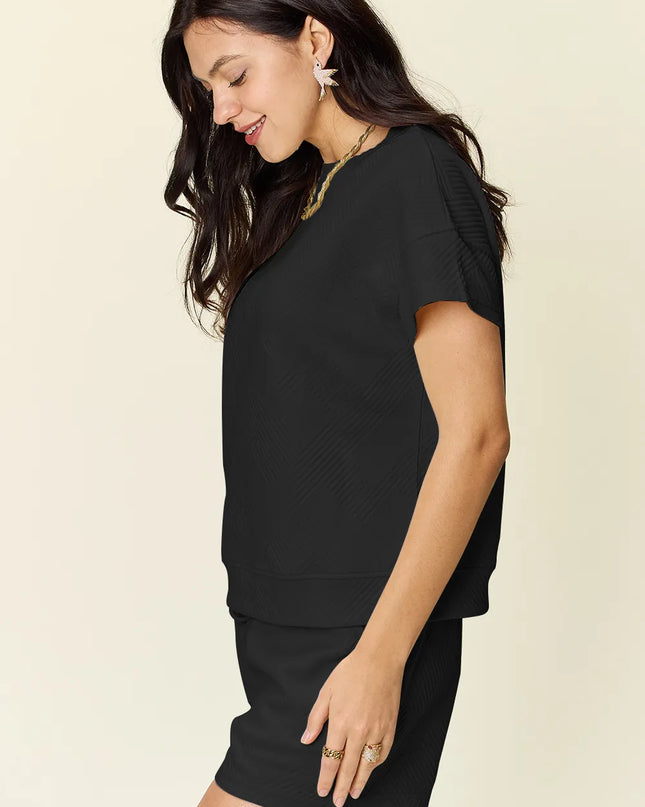 Double Take Full Size Texture Short Sleeve T-Shirt and Drawstring Shorts Set 