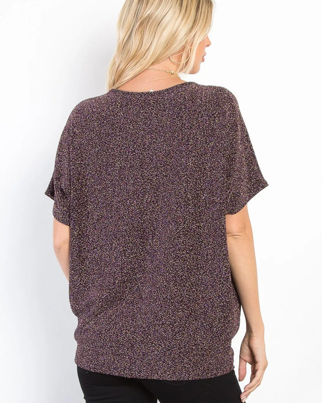 Be Stage Full Size Lurex Center Elastic Cinched Knit Top