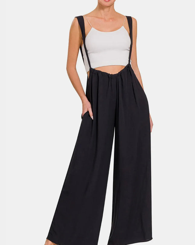 Zenana Tie Back Suspender Jumpsuit with Pockets BLACK