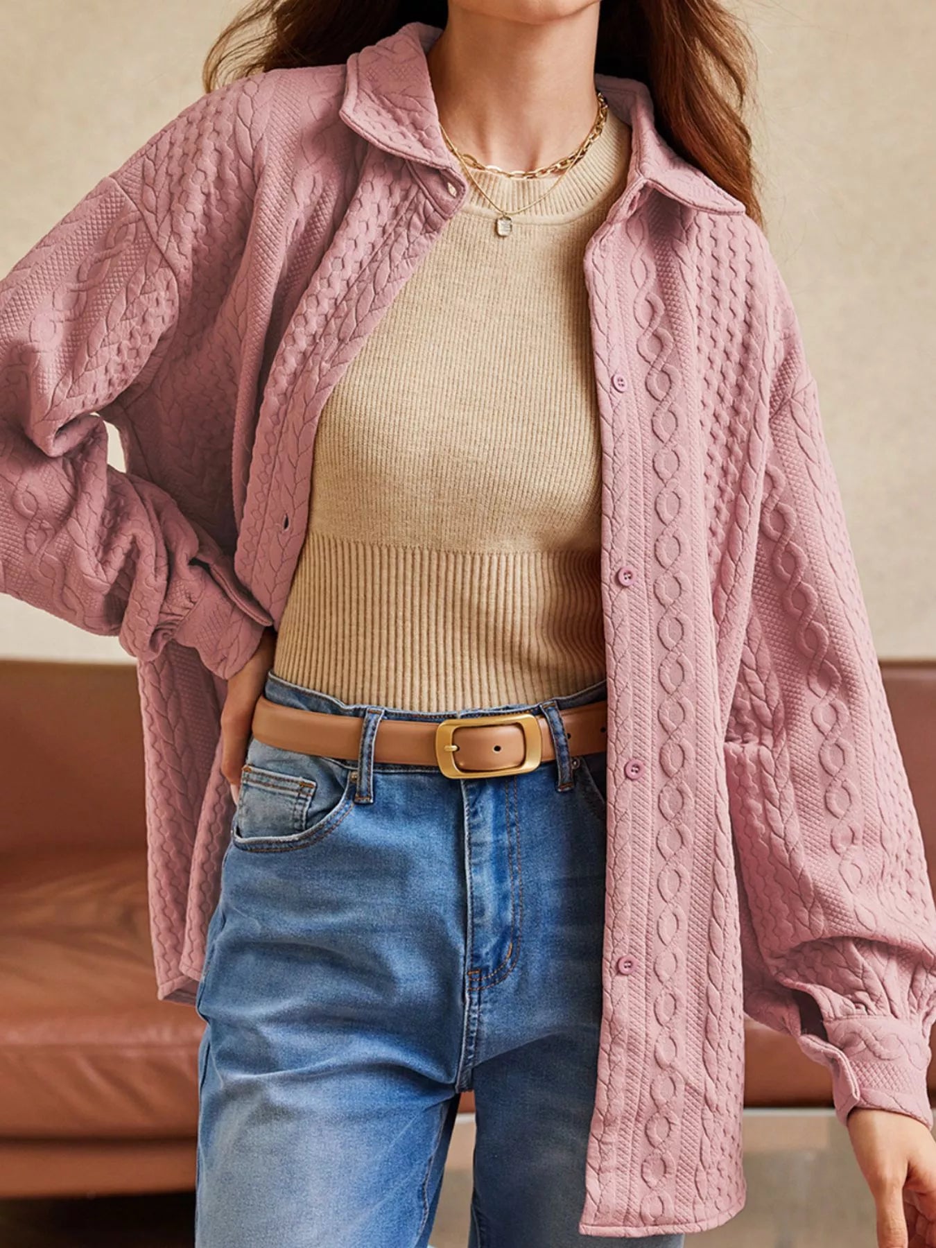 Cable Texture Puff Sleeve Loose Shacket