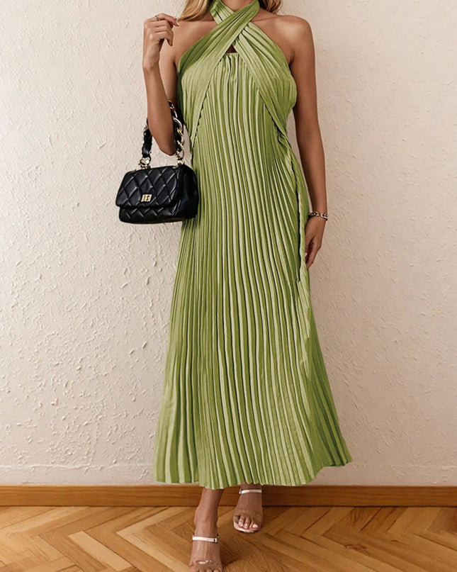 Pleated Halter Neck Midi Dress