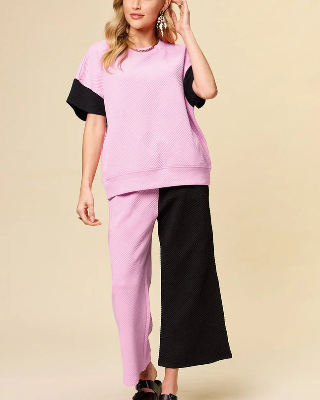 Double Take Full Size Texture Contrast T-Shirt and Wide Leg Pants Set Pink