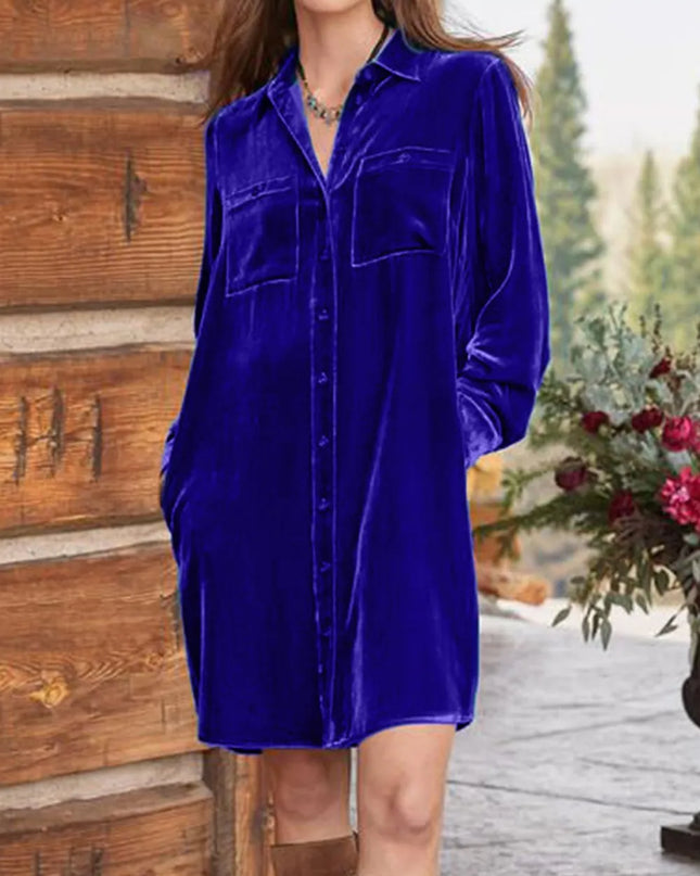 High-Low Button Up Long Sleeve Knee Length Dress Royal Blue