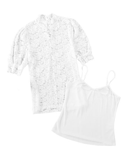 Lace Scalloped Short Puff Sleeve Top