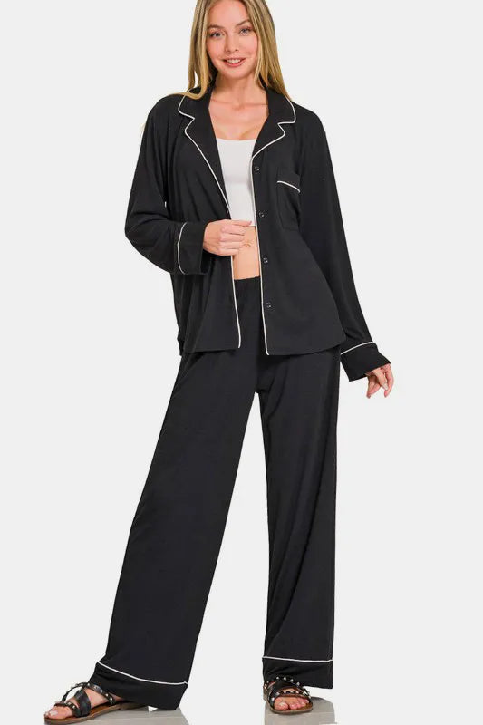 Zenana Button Down Long Sleeve Top and Pants Lounge Set Black