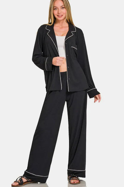Zenana Button Down Long Sleeve Top and Pants Lounge Set Black