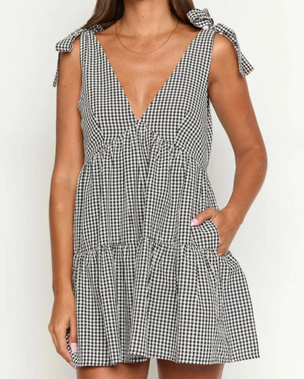Gingham Tie Shoulder Mini Dress Black And White Plaid