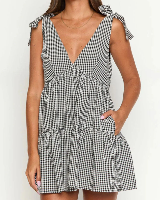 Gingham Tie Shoulder Mini Dress Black And White Plaid