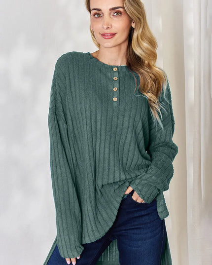Basic Bae Full Size Ribbed Half Button Long Sleeve High-Low T-Shirt Army Green