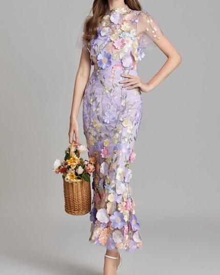 Floral Embroidered Mesh Overlay Maxi Dress