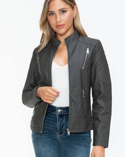 Snobbish Faux Leather Zip Up Mock Neck Jacket Charcoal
