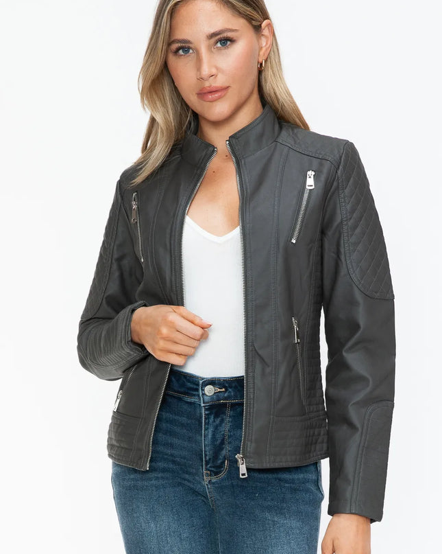 Snobbish Faux Leather Zip Up Mock Neck Jacket Charcoal