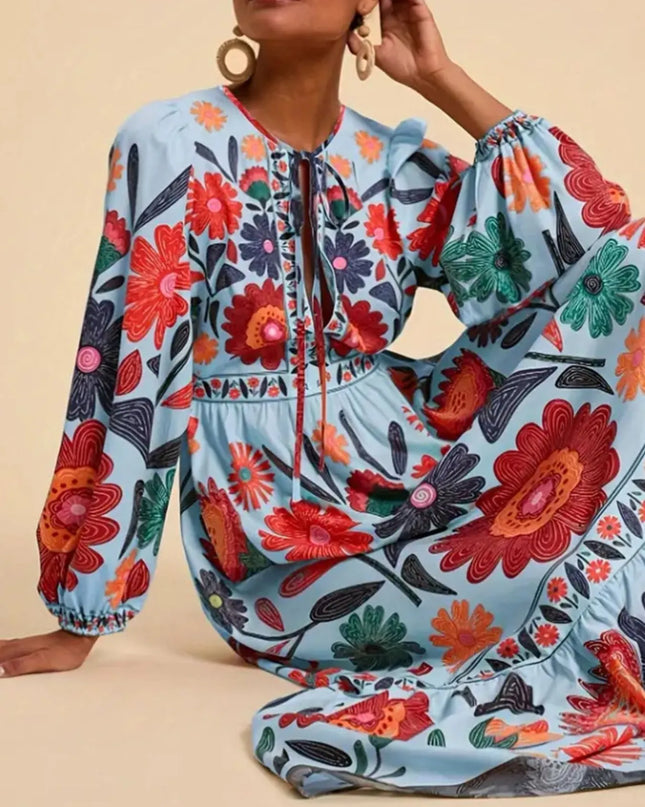 Floral Tie Waist Long Sleeve Dress