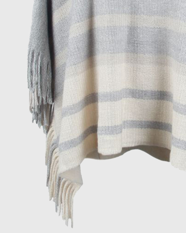 Striped Boat Neck Poncho with Fringes