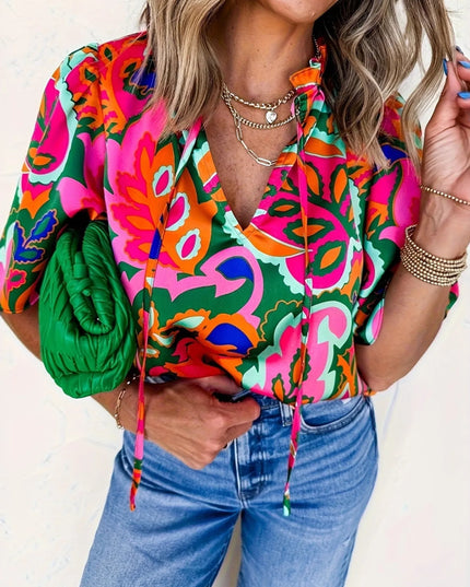 Printed Tie Neck Short Sleeve Blouse