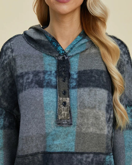 Double Take Full Size Plaid Dropped Shoulder Fleece Hoodie