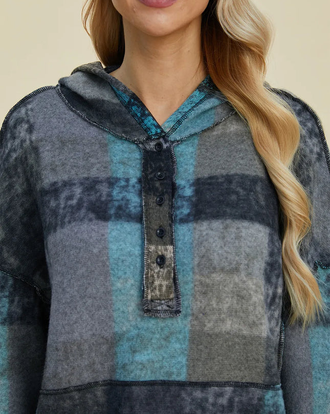 Double Take Full Size Plaid Dropped Shoulder Fleece Hoodie