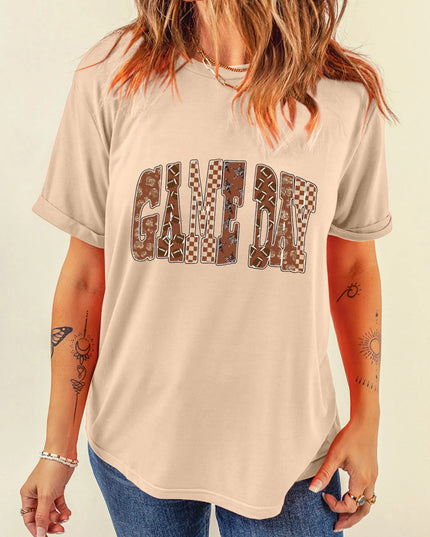 Full Size GAME DAY Checkered Letter Graphic T Shirt Plus Size Tan