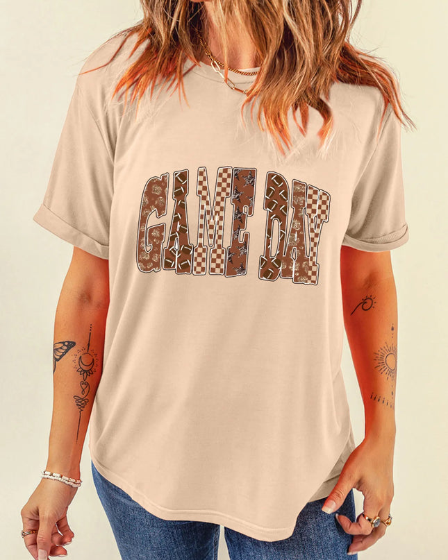 Full Size GAME DAY Checkered Letter Graphic T Shirt Plus Size Tan