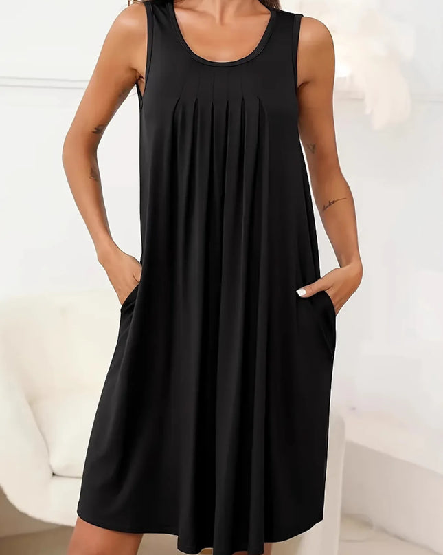 Flowy Pleated Tank Dress with Pockets Black
