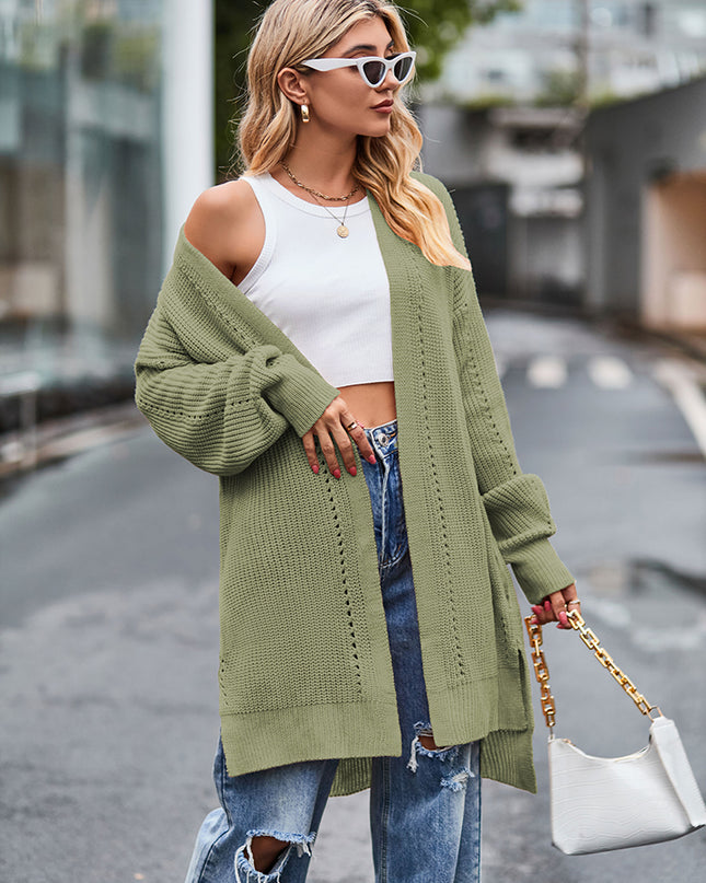Long Sleeve Waffle-Knit Cardigan Matcha Green