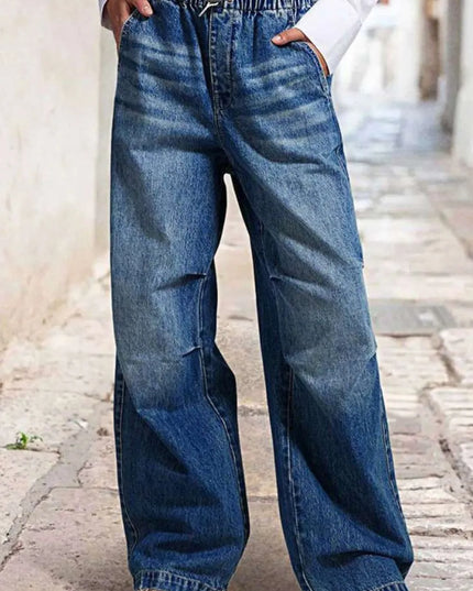 Drawstring Waist Wide Leg Shirred Jeans Medium