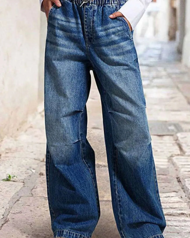 Drawstring Waist Wide Leg Shirred Jeans Medium