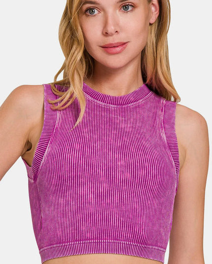 Zenana Washed Ribbed Seamless Crop Tank with Bra Pad Lt Plum