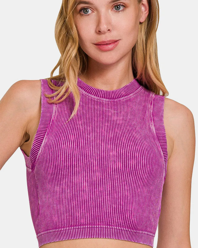 Zenana Washed Ribbed Seamless Crop Tank with Bra Pad Lt Plum