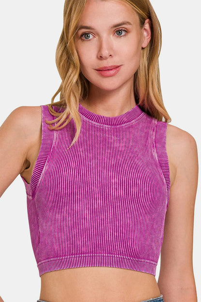 Zenana Washed Ribbed Seamless Crop Tank with Bra Pad Lt Plum