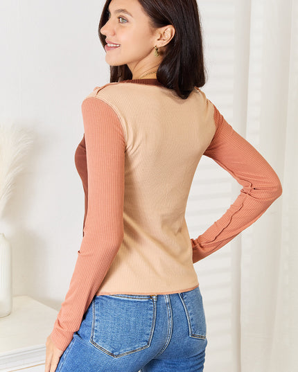 Double Take Color Block Exposed Seam Long Sleeve Top