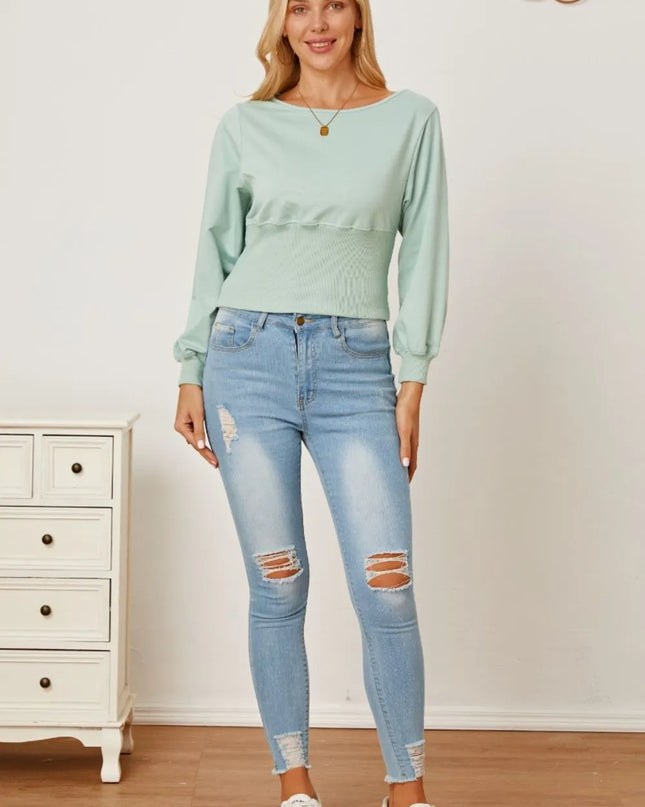 Boat Neck Lantern Sleeve Blouse